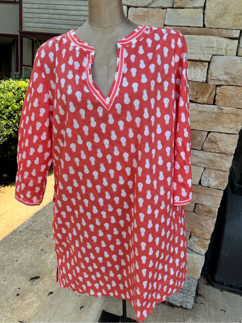 Talbots Coral Tunic with White Pineapple Print